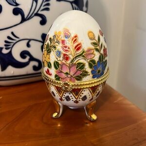 Vintage Faberge Style Handpainted Porcelain Egg Gilded Footed Trinket Box